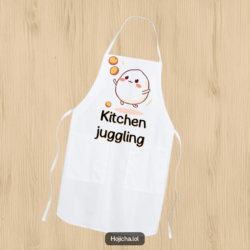Funny mochi character juggling soybeans, on a kitchen apron for cooking.