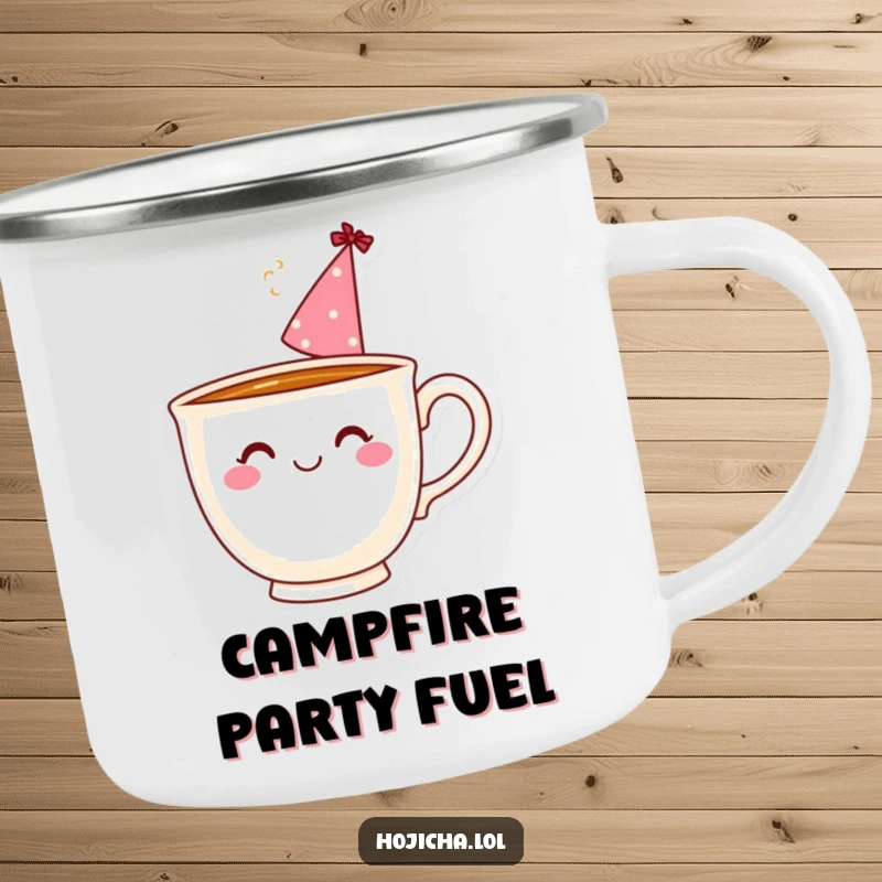Funny teacup wearing a party hat with steam, on an enamel camping mug for outdoor use.