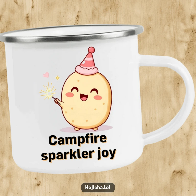 Funny Hojicha cookie wearing a tiny party hat and holding a sparkler, delighted, rugged camping mug for humorous outdoor parties, perfect gift.
