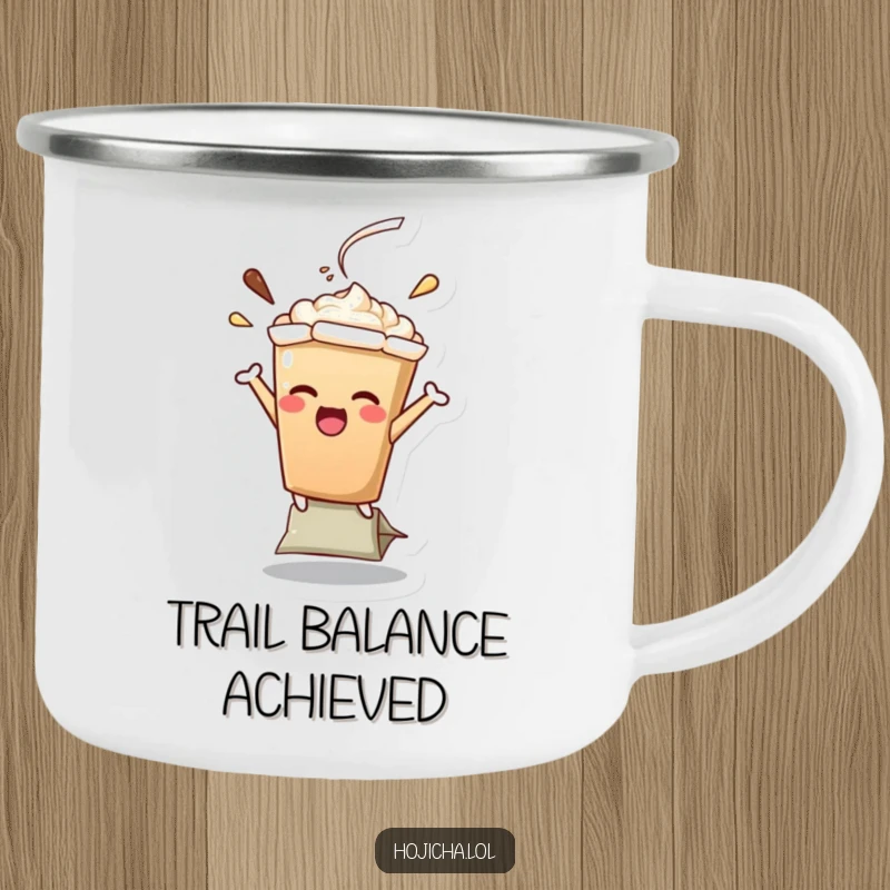 Funny Hojicha latte character in a funny balancing act on a teabag, rugged camping mug for humorous outdoor experiences, perfect gift.