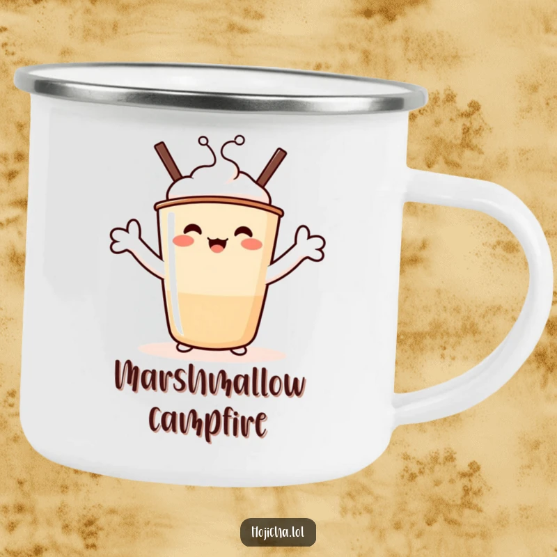 Funny Hojicha Hug Camping Mug: A beaming Hojicha cup character with marshmallow arms stretched wide, perfect for funny outdoor sips.