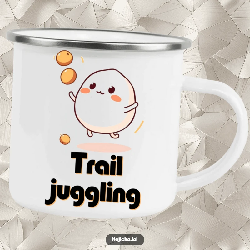 Funny mochi character juggling soybeans, on an enamel camping mug for outdoor use.