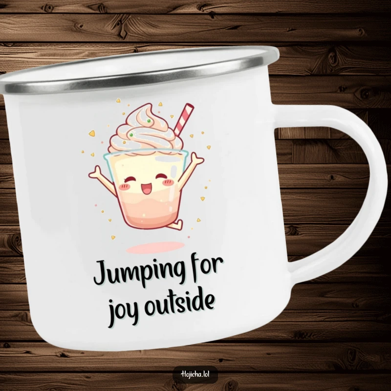 Funny Hojicha parfait character doing a joyful jump, scattering sprinkles with glee, rugged camping mug for humorous outdoor treats, perfect gift.