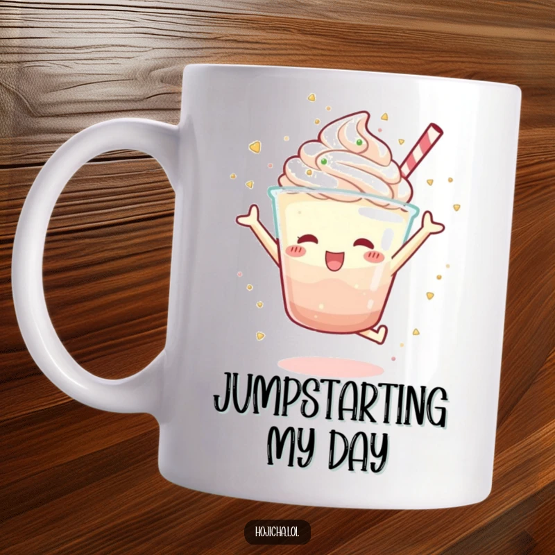 Funny Hojicha parfait character jumping joyfully, scattering sprinkles with glee, a humorous mug for dessert lovers, perfect gift.