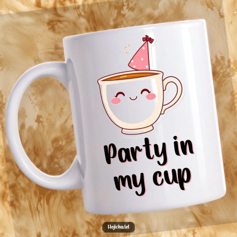 Funny smiling teacup with steam swirl wearing party hat, on a mug ready for celebration.