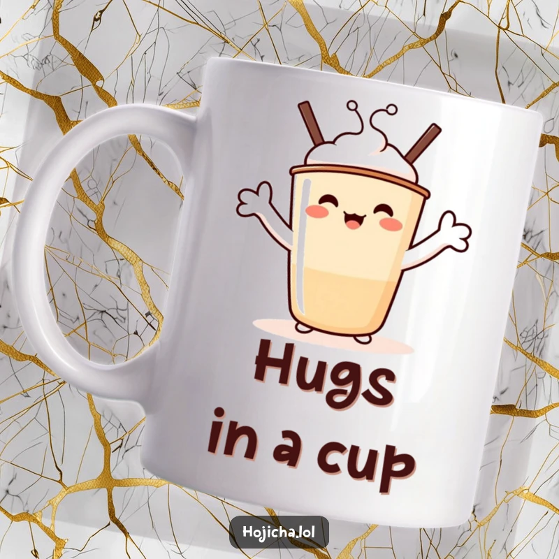 Funny Hojicha Hug Mug: A beaming Hojicha cup character with marshmallow arms stretched wide offers a warm, funny embrace.