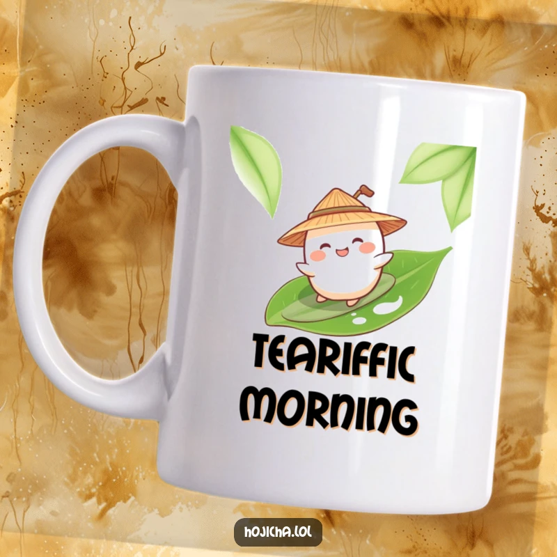 Funny giggling mochi in a straw hat surfing a green tea leaf on a mug.