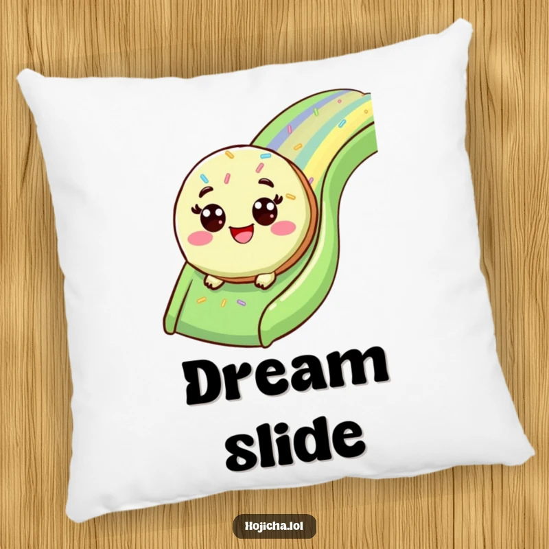 Funny matcha cookie sliding down a sprinkle slide on a soft, decorative pillow.