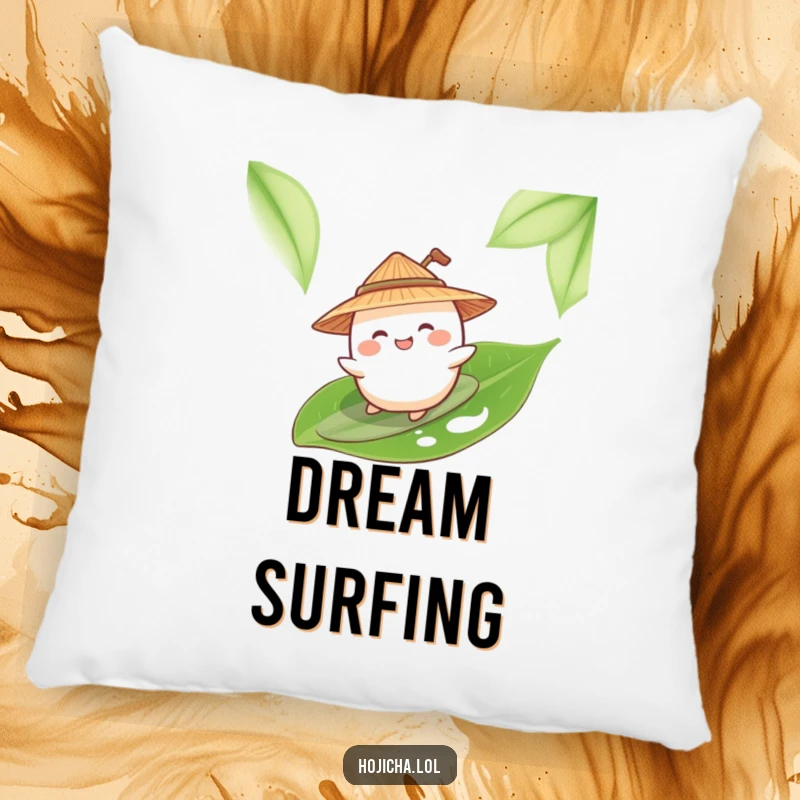 Funny mochi surfing a tea leaf, wearing a straw hat, on a decorative pillow.