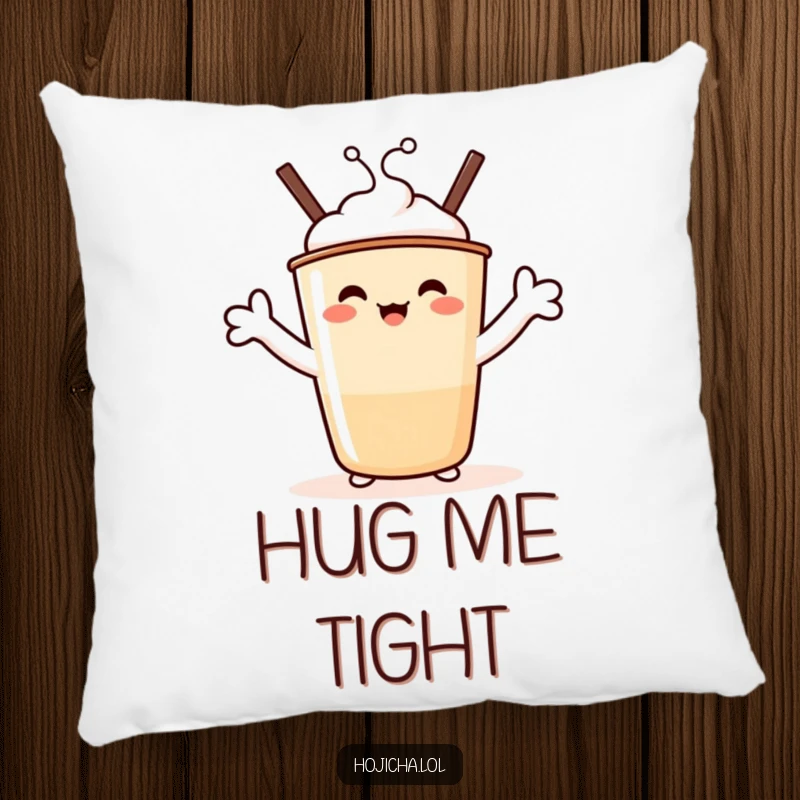 Funny Hojicha Hug Pillow: A beaming Hojicha cup character with marshmallow arms outstretched, providing funny comfort and warmth.