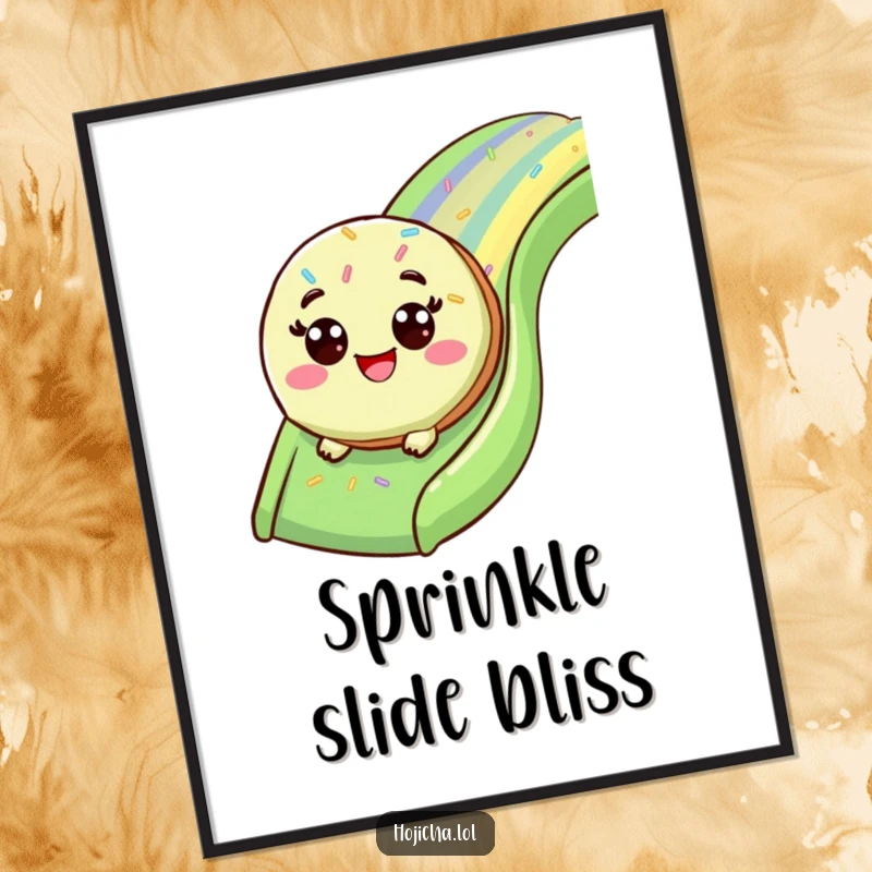 Funny matcha cookie sliding down a sprinkle slide, for digital art print.