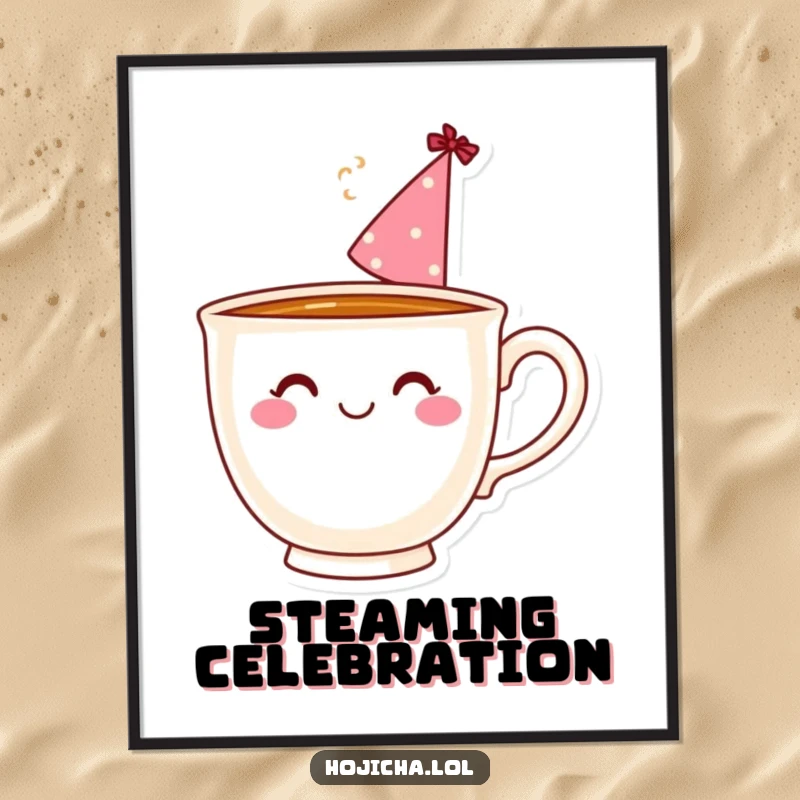 Funny smiling teacup with a party hat and steam, for digital art print.