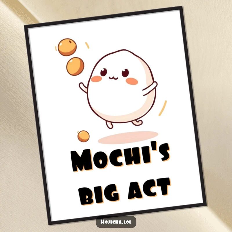 Funny bouncy mochi character juggling soybeans, for digital art print.