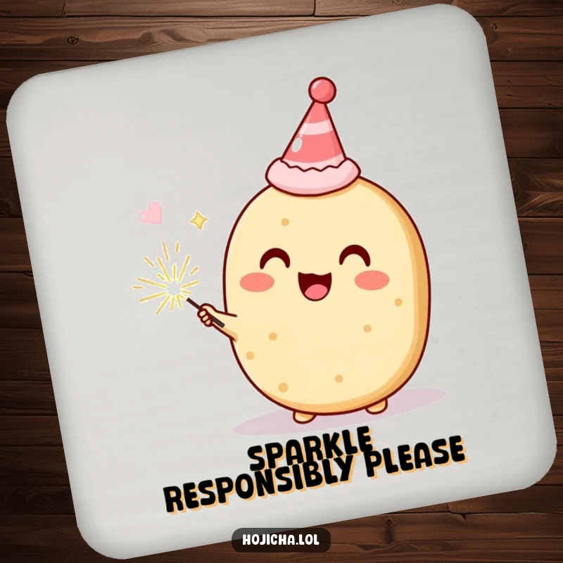 Funny Hojicha cookie in a party hat with a sparkler, delighted, absorbent coaster set for humorous table protection, great gift.