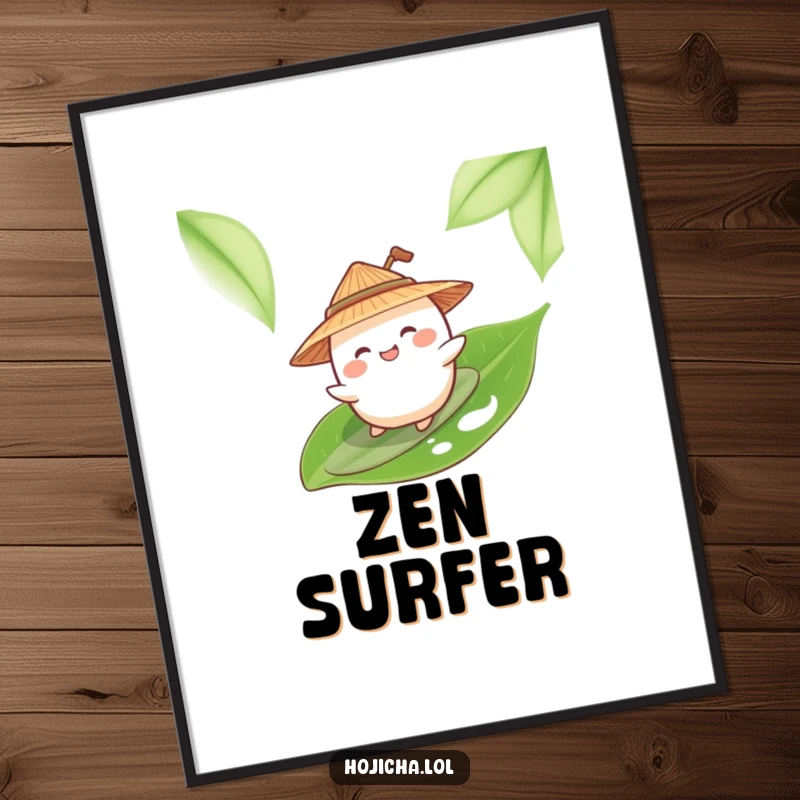 Funny giggling mochi in a straw hat surfing a green tea leaf, as a poster.