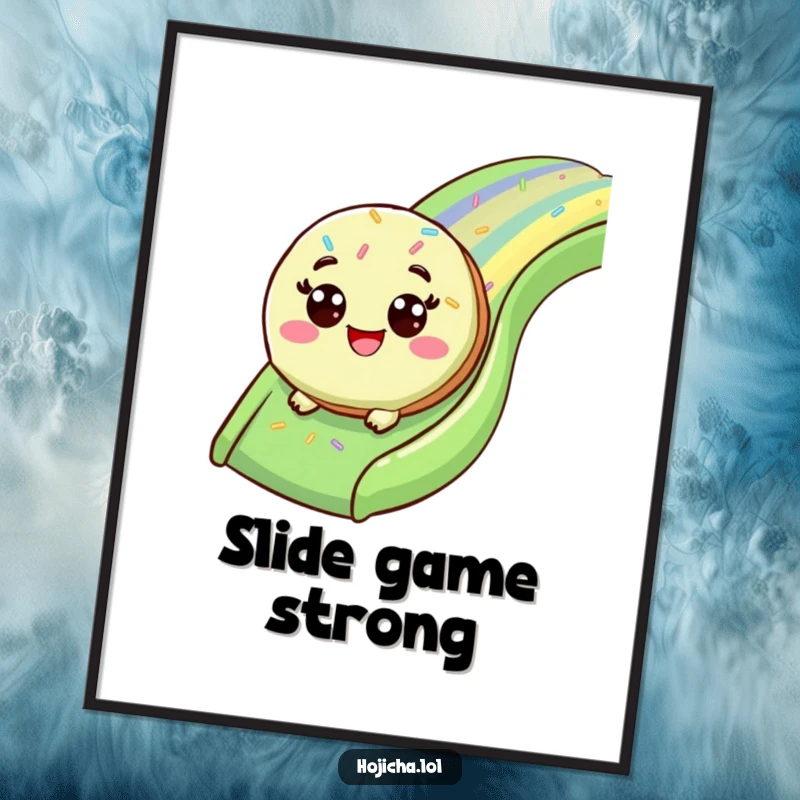Funny matcha cookie with wide eyes sliding down a rainbow sprinkle slide, as a poster.