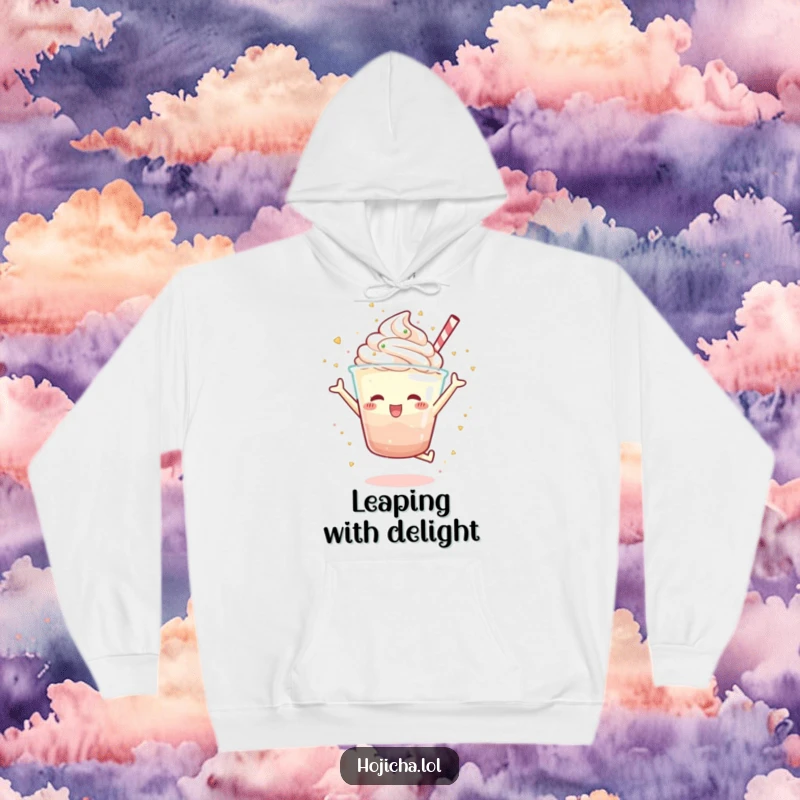 Funny Hojicha parfait character doing a joyful jump, scattering sprinkles, humorous hoodie for cozy dessert lovers, perfect gift.
