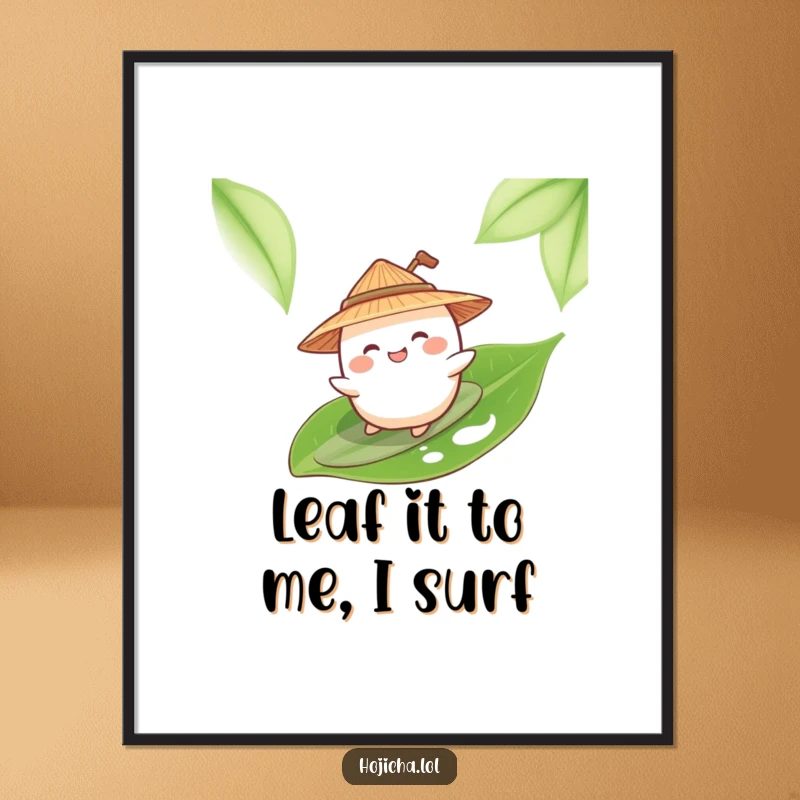 Funny Free Printable Giggling Mochi wearing a straw hat, surfing a green tea leaf, for cool wall art.