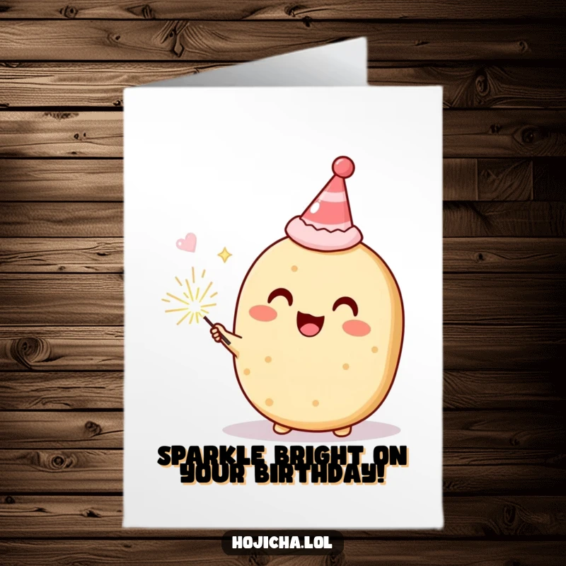 Funny Free Printable Birthday Card of a delighted Hojicha cookie character in a party hat holding a lit sparkler.