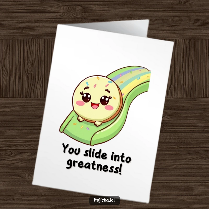 Funny Free Printable Cheerful Matcha Cookie with wide eyes, sliding down a sprinkle slide to celebrate.