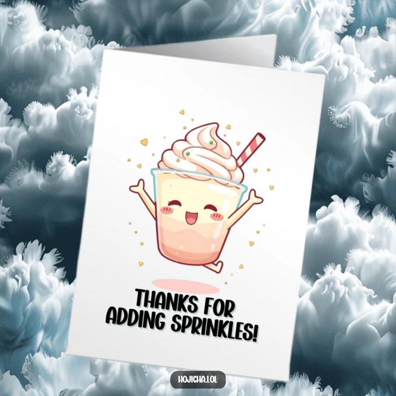 Funny Free Printable Thank You Card with a Hojicha parfait character mid-jump, happily scattering sprinkles with glee.