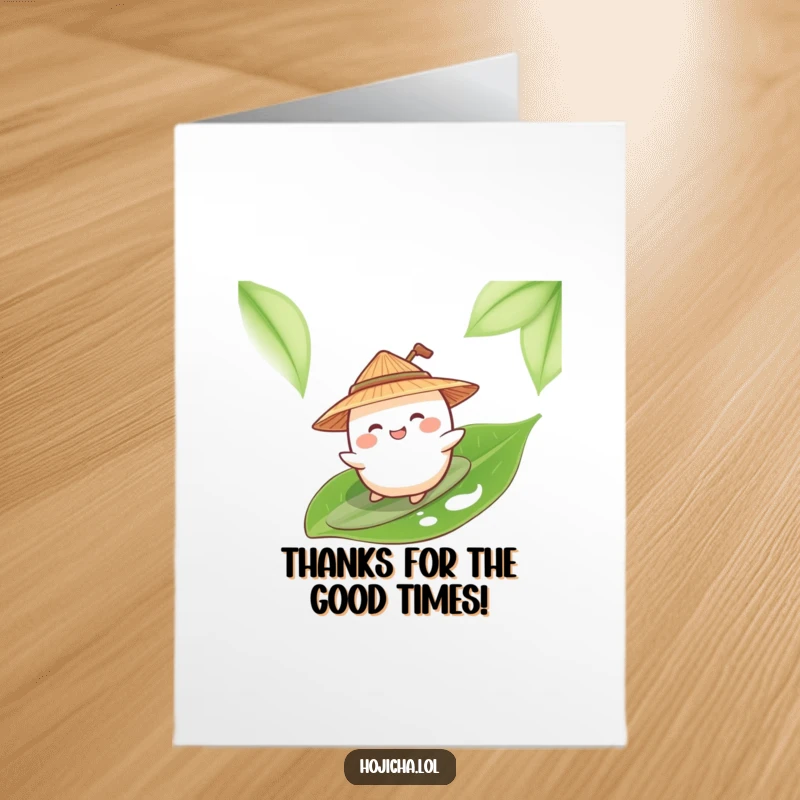 Funny Free Printable Giggling Mochi wearing a straw hat, surfing a green tea leaf to say thanks.