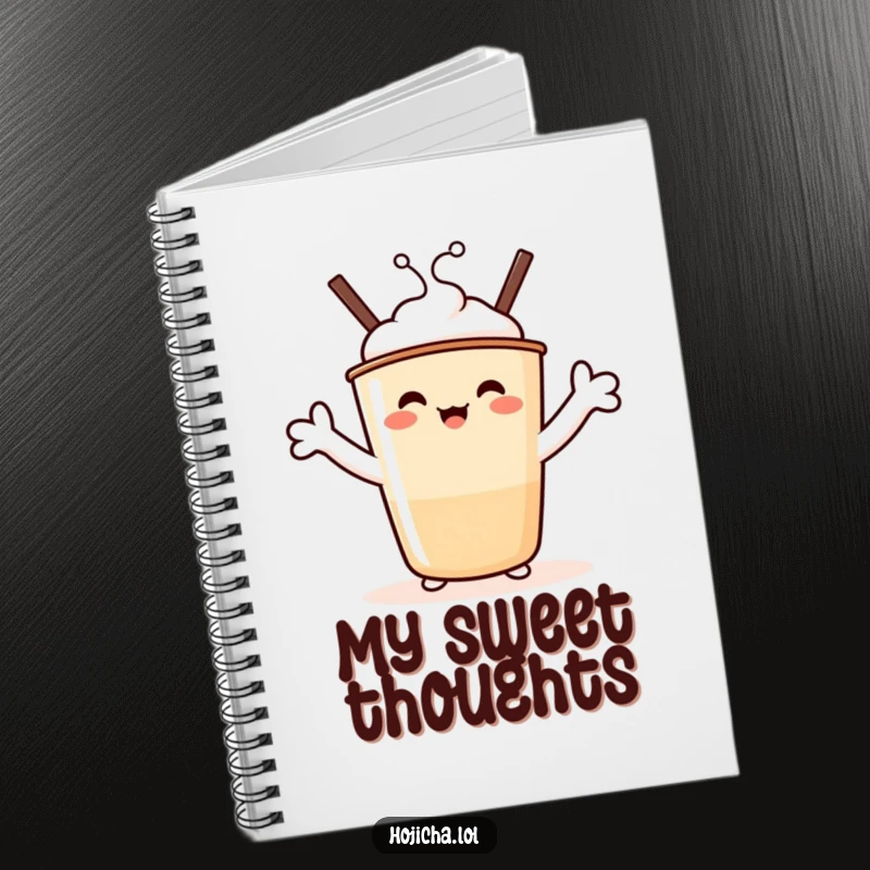 Funny Hojicha Hug Notebook: A beaming Hojicha cup character with marshmallow arms stretched wide, ideal for funny notes and sweet ideas.