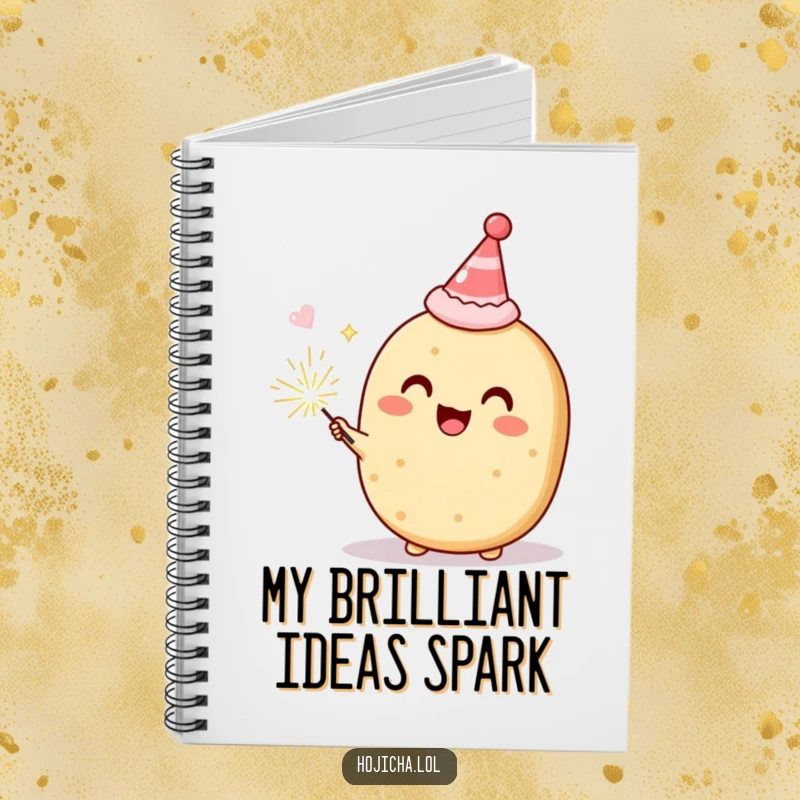 Funny Hojicha cookie in a party hat with a sparkler, delighted, ruled notebook for humorous party planning, great gift.