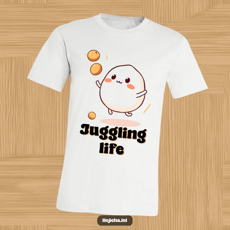 A bouncing mochi with little legs is juggling three tiny roasted soybeans on a t-shirt.