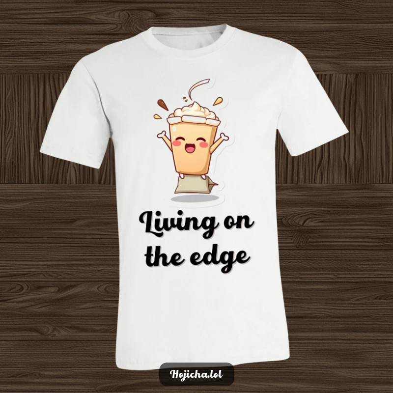 Funny Hojicha latte character bravely balancing on a teabag, a humorous illustration of embracing life's wobbles, great gift.