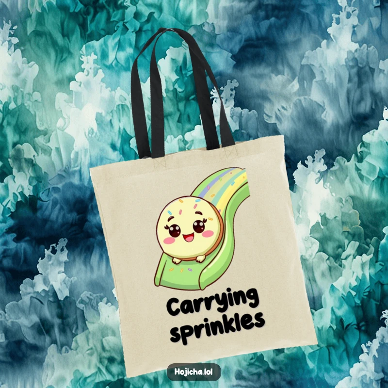 Funny matcha cookie joyfully sliding down a sprinkle slide, on a tote bag.