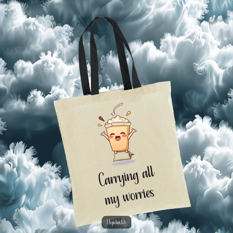 Funny Hojicha latte character hilariously balancing on a teabag, a whimsical tote bag design for humorous shopping trips, great gift.