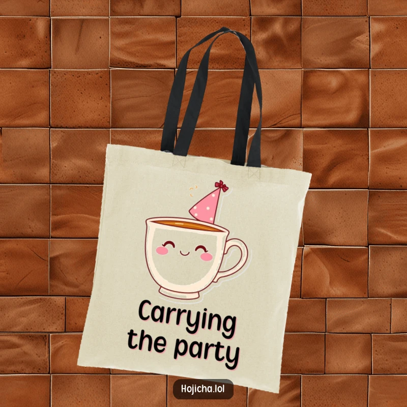 Funny smiling teacup with a party hat and steam, on a tote bag for carrying essentials.